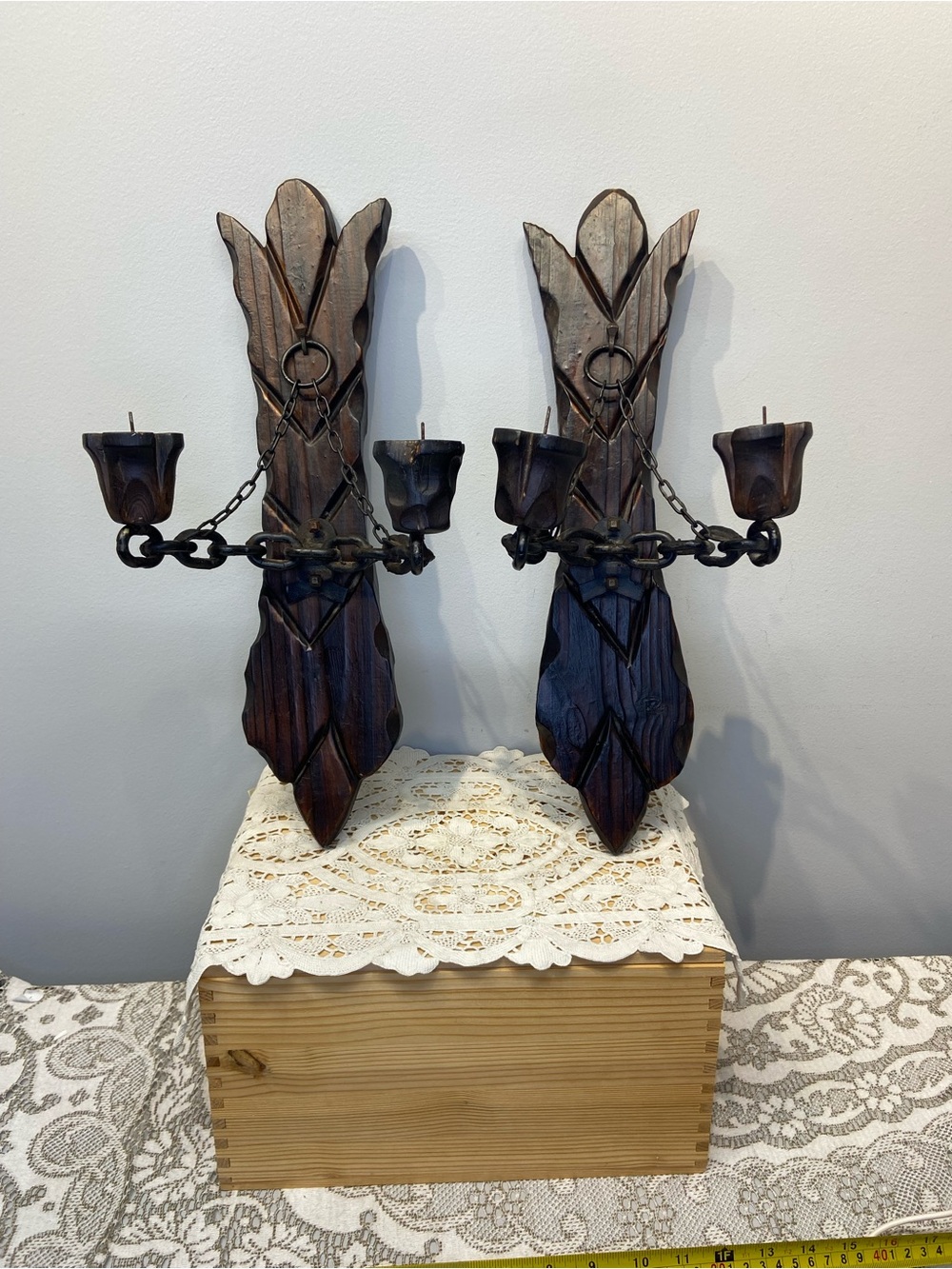 Pair of Vintage Spanish Wood Wall Sconces Medieval Gothic Primitive Rustic